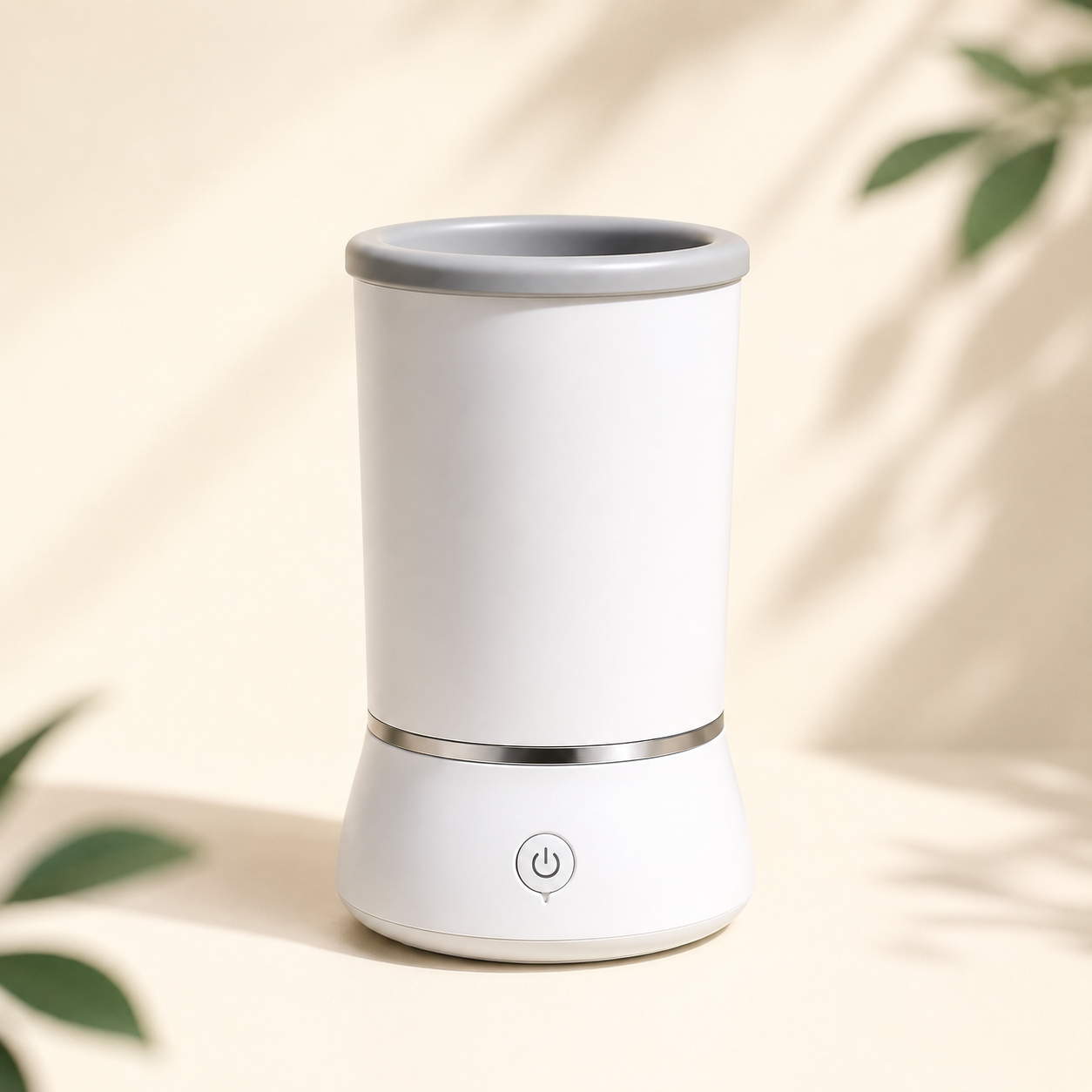 White automatic pet paw cleaner in a warm ivory studio setting.