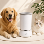 Automatic pet paw cleaner displayed with a golden retriever and cat in a warm home setting.