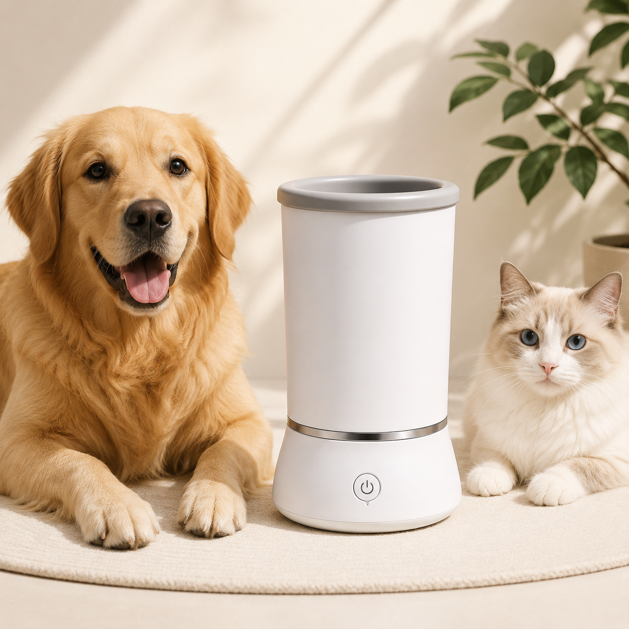 Automatic pet paw cleaner displayed with a golden retriever and cat in a warm home setting.