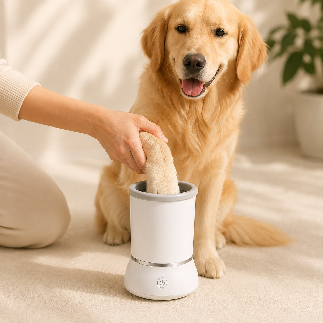 Golden retriever having its paw gently cleaned with an automatic pet paw cleaner.