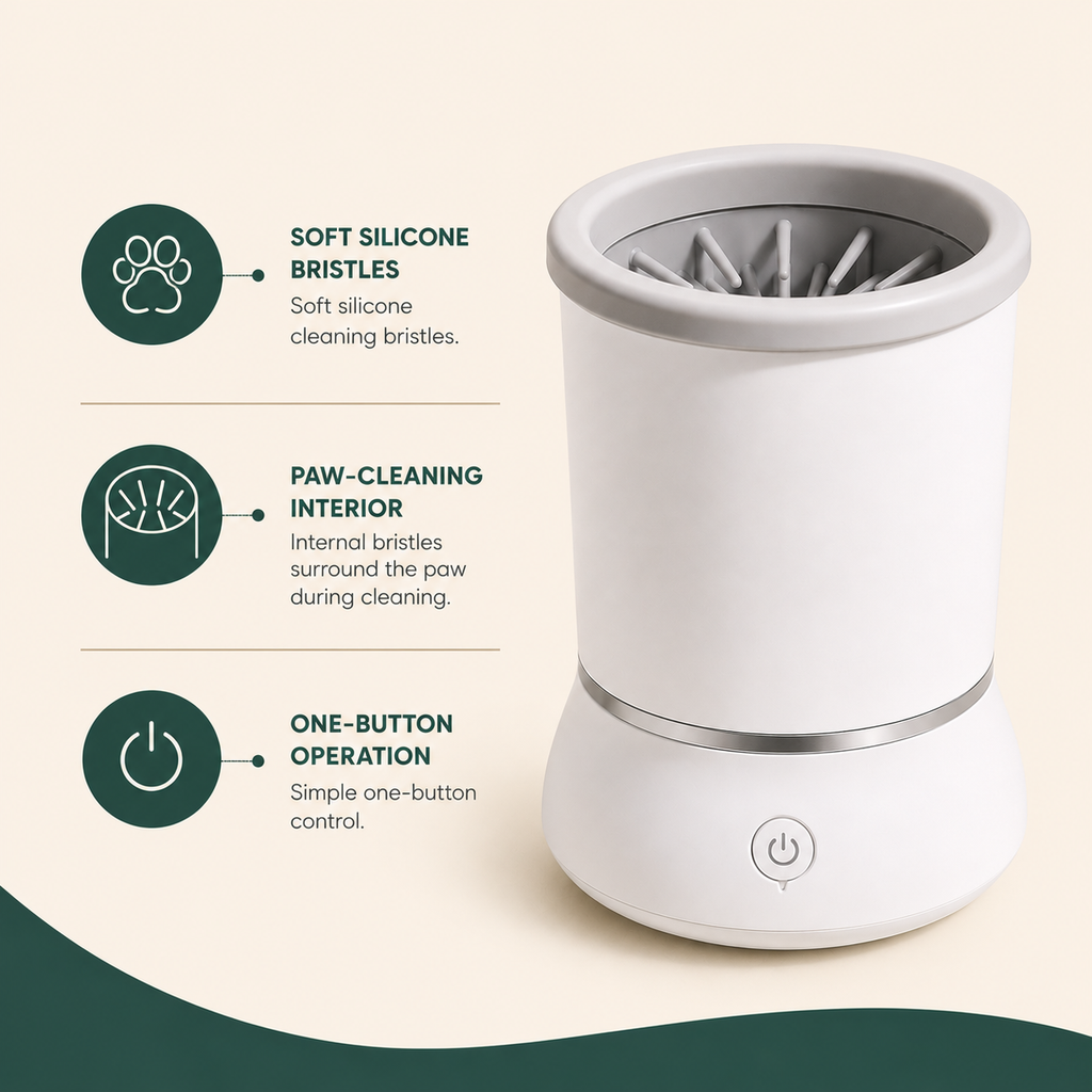 Automatic pet paw cleaner with soft silicone bristles, paw-cleaning interior and one-button control.