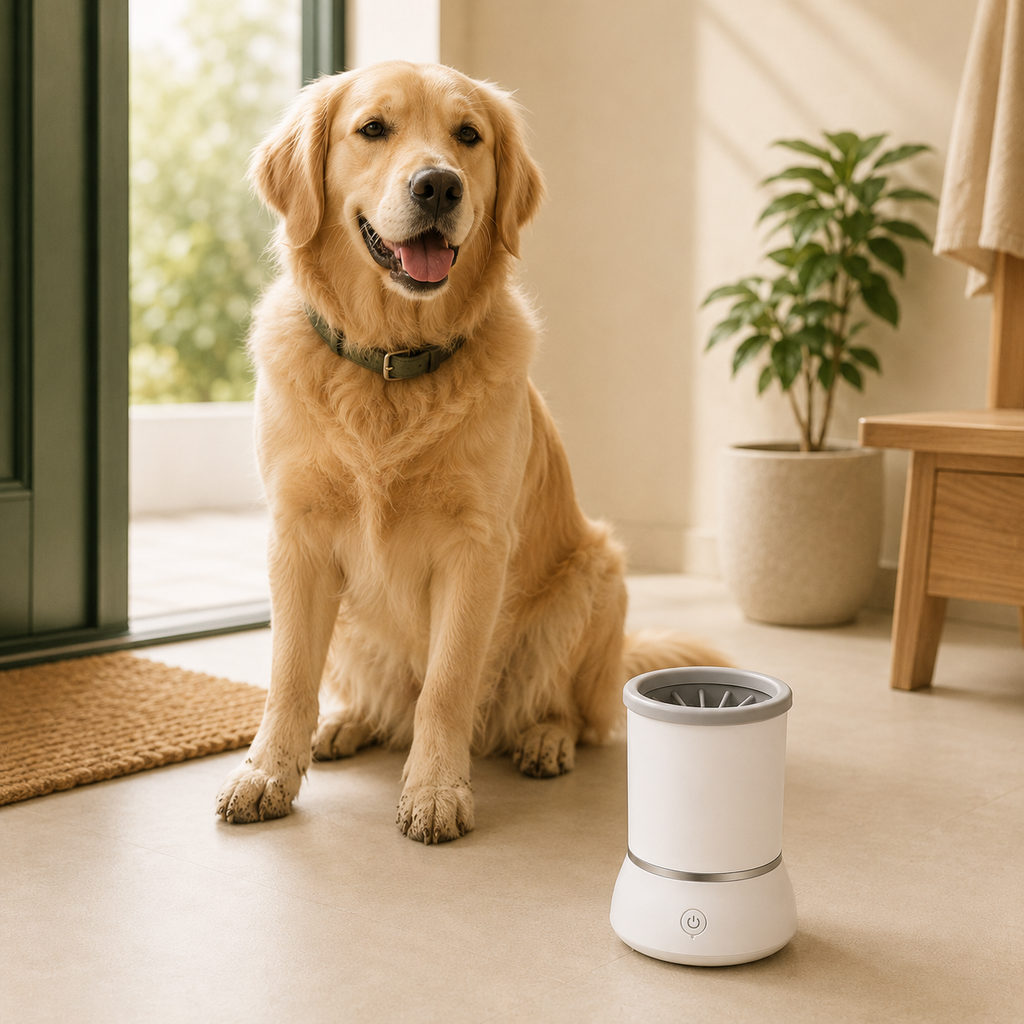 Golden retriever beside an automatic pet paw cleaner in a home entryway after a walk.