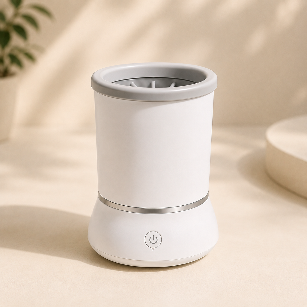 White automatic pet paw cleaner shown from an elevated angle with the top opening and cleaning bristles visible.