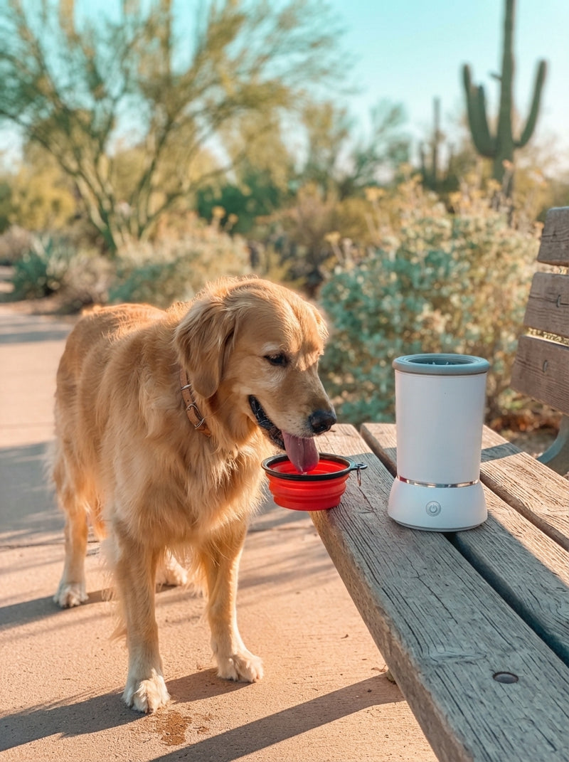 A golden retriever drinking water at a sunny park with a Luventa paw cleaner visible on a nearby bench.