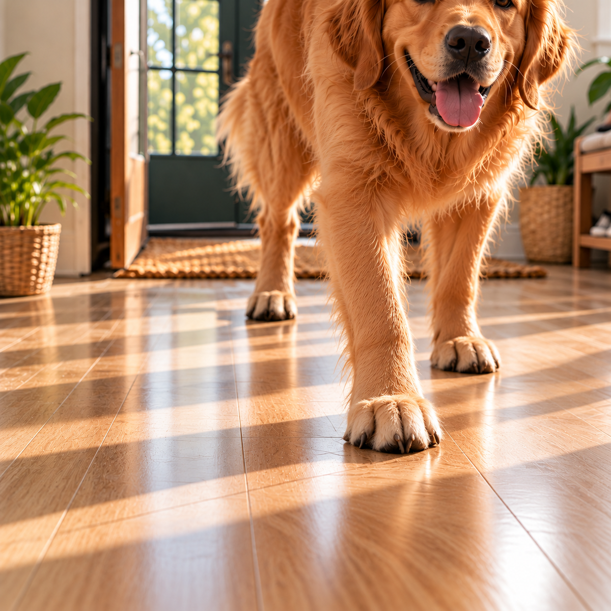 Clean dog paws and clean floor after paw cleaning