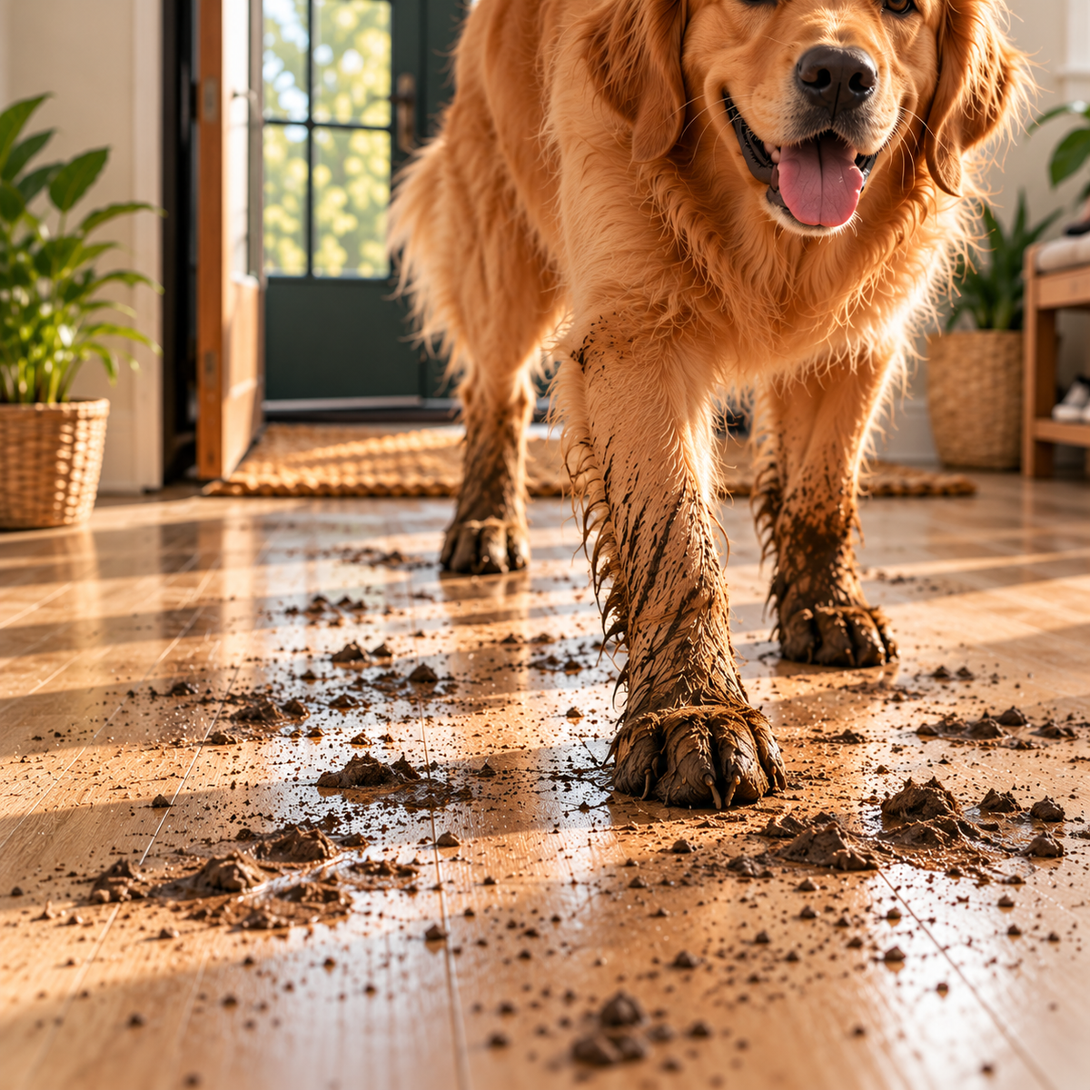 Dog with muddy paws after a walk